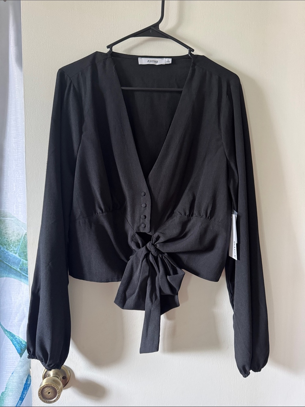 JustFab Black V-Neck Tie-Front Long Sleeve Blouse